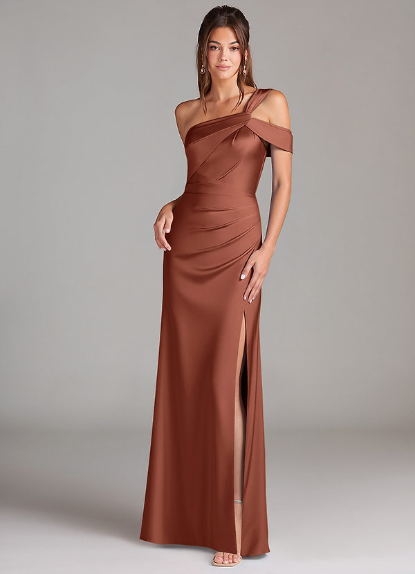 Azazie Wynter Vestidos Dama de Honor Vestido de Arcilla de Satén Elástico de Corte Recto con Vestidos sin tirantes image1