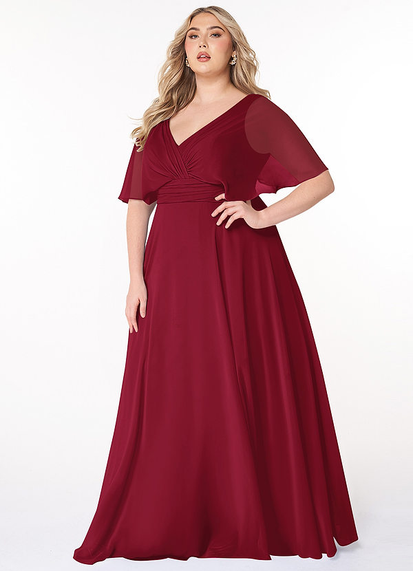 Azazie Pamela Bridesmaid Dresses Burgundy A-Line V-Neck Pleated Chiffon Dress image1