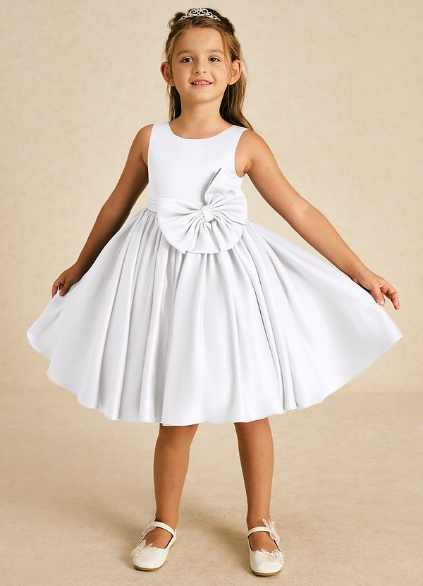 Azazie Apple Flower Girl Dresses White A-Line Bow Matte Satin Dress image1