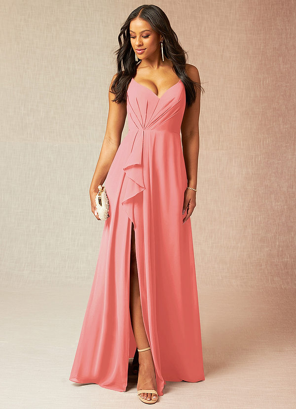 Azazie Kyedae Bridesmaid Dresses Coral A-Line V-Neck Pleated Chiffon Dress image1