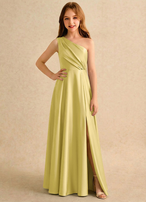 Azazie Puddles Girls Formal Bloemenmeisjesjurken A-lijn Jurk van Stretch Satijn One-shoulder Kanarie image1