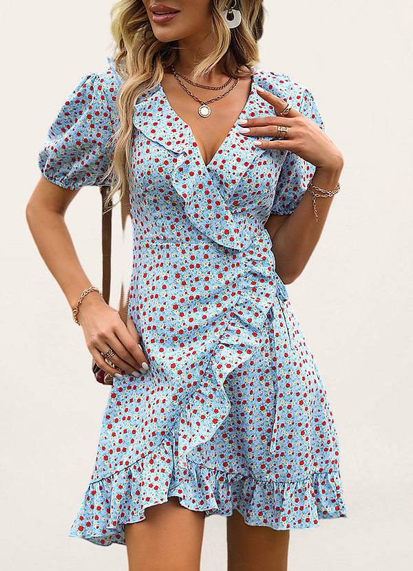 front L'amour dans le jardin Bleu Minirobe à volants et manches bouffantes à imprimé floral