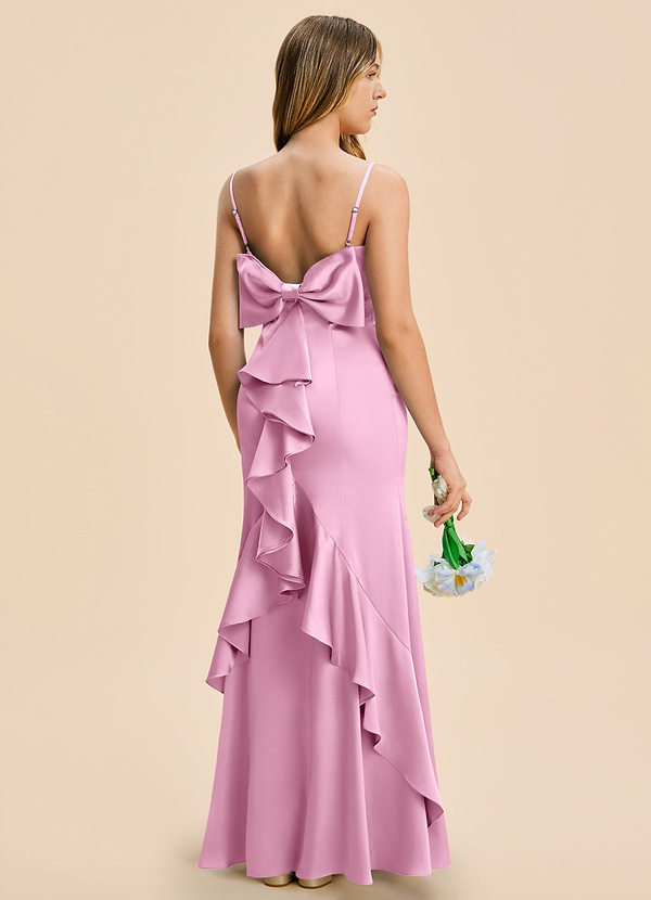 Azazie Lioren Junior Candy Pink Sheath Bow Stretch Satin Dress image1