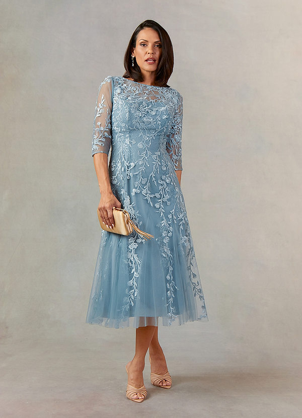 Upstudio Visalia Mother of the Bride Dresses Dusty Blue A-Line Boatneck Lace Dress image1