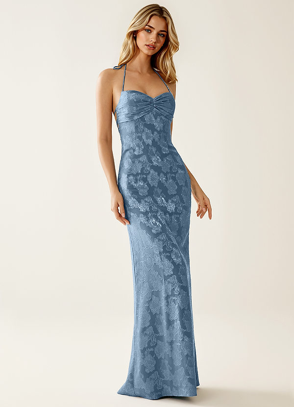 Angena Stoffig Blauw Jacquard feestjurk met open rug image1