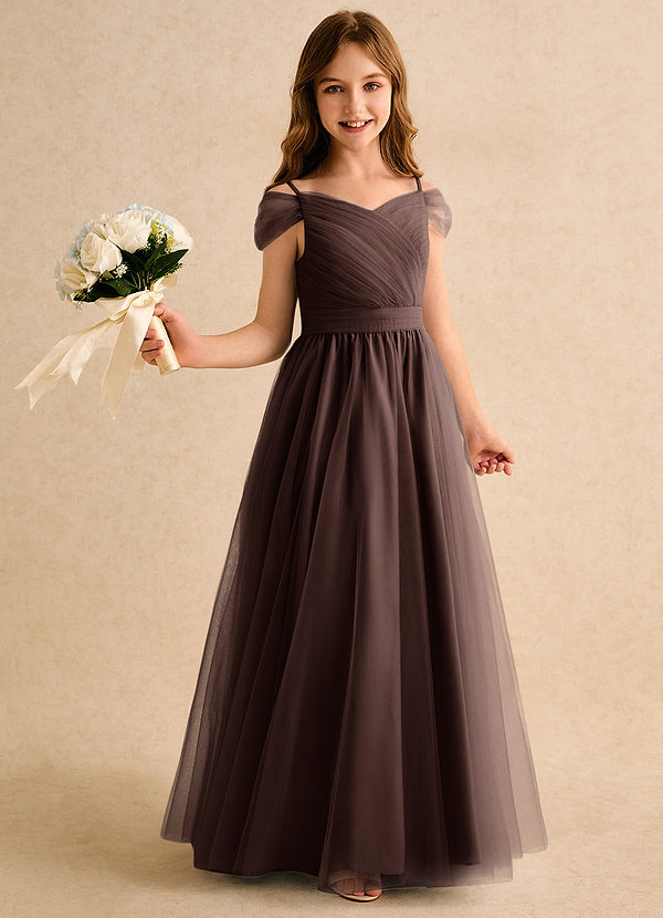 Azazie Yuna Girls Formal Abiti da Ragazza di Fiori Abito A-Line in Tulle a Spalla Scoperta Ganache image1