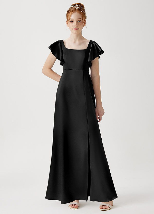 Azazie Bondi Junior Black A-Line Side Slit Metallic Satin Dress image1