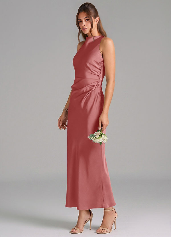 Azazie Evadne Bridesmaid Dresses Antique Rose Sheath Pleated Stretch Satin Dress image1