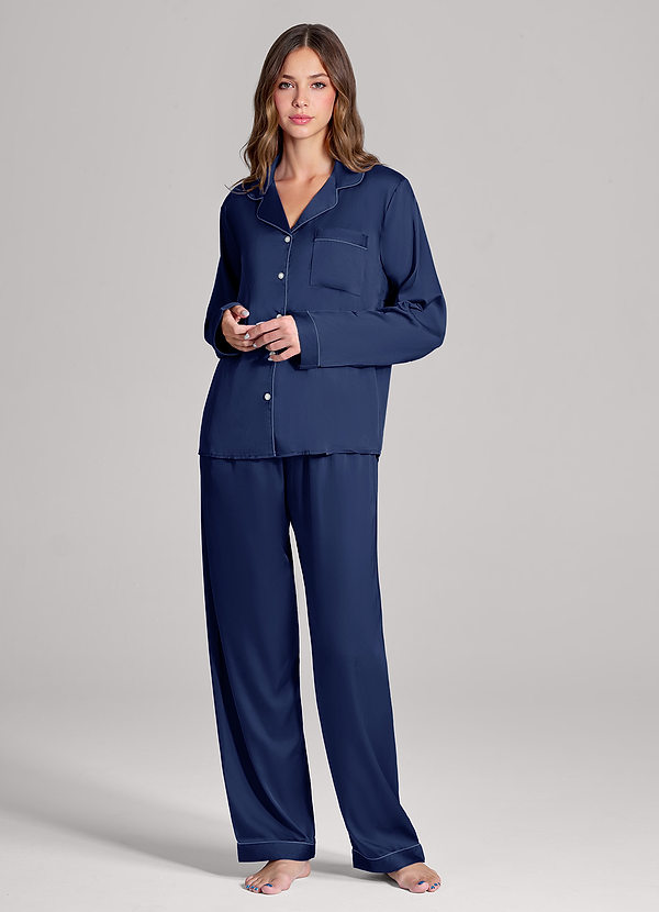 front Matchande färg långa ärmar och byxor Satin PJ Set