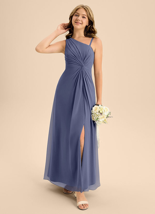 Azazie Brooke Junior Abito A-Line in Chiffon Spacco Laterale Stormy image1