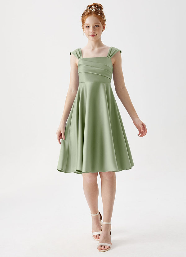 Azazie Amira Junior Dusty Sage A-Line Pleated Stretch Satin Dress image1