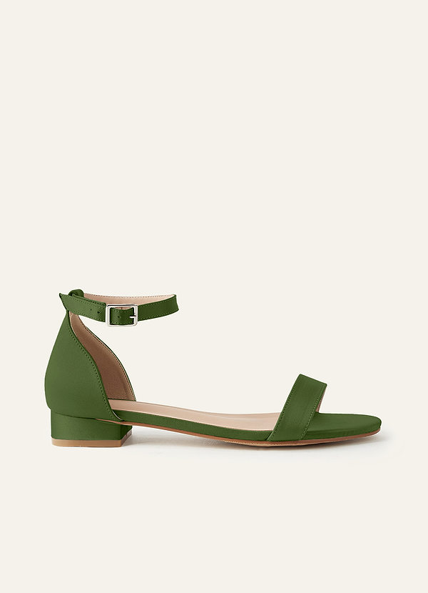 front Matching Color Matte Satin Single Strap Ankle Buckle Block Flat Sandals