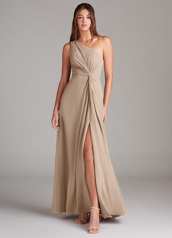 Azazie Brooke Bridesmaid Dresses Taupe A-Line One Shoulder Chiffon Dress image1