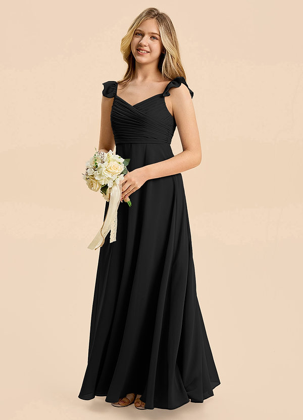 Azazie Dory Junior Black A-Line Ruched Chiffon Dress image1