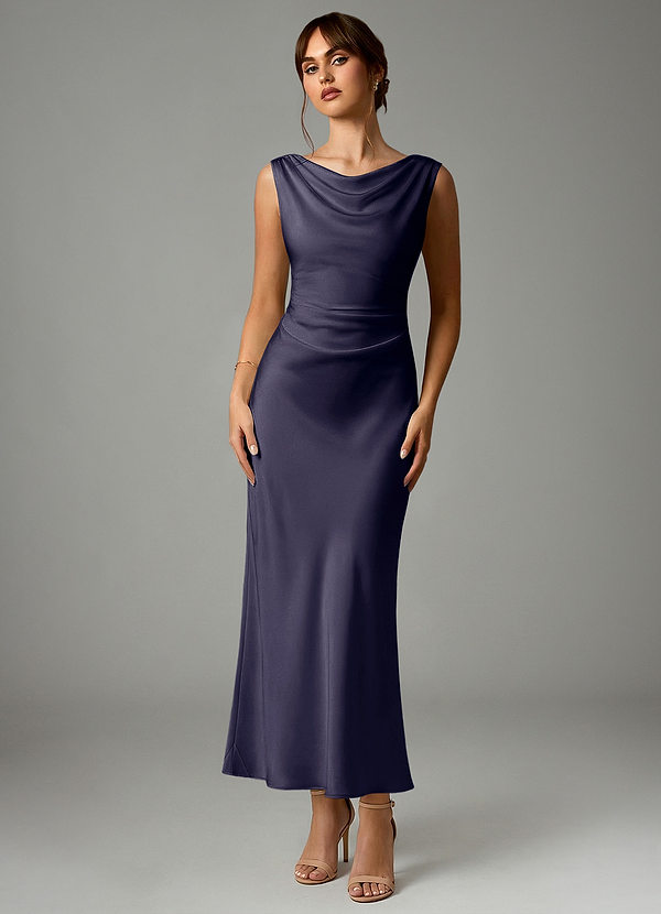 Azazie Kieryn Robes Demoiselle d'honneur Robe Sirène en Satin extensible Plissée Bleu Orageux image1