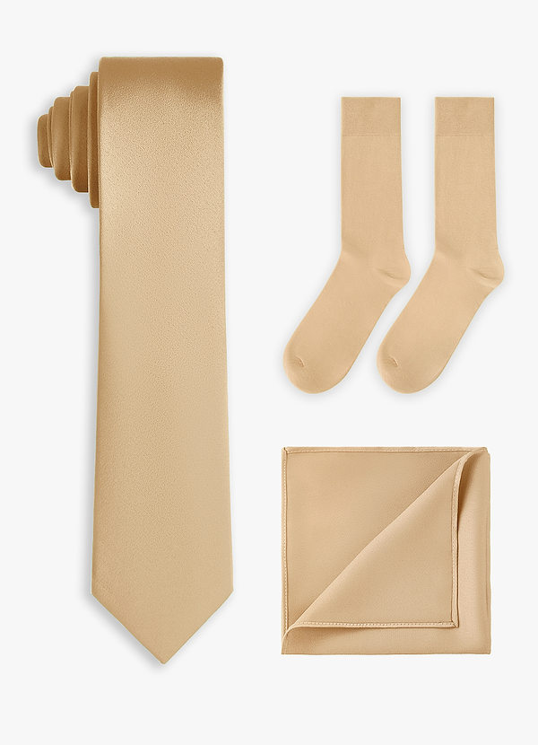 front Set coordinato di cravatta sottile in raso elasticizzato, fazzoletto da taschino e calzini