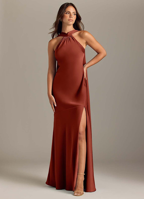 Azazie Kinsley Bridesmaid Dresses Terracotta Mermaid Side Slit Stretch Satin Dress image1