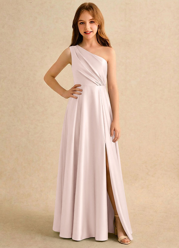 Azazie Puddles Girls Formal Bloemenmeisjesjurken A-Lijn Jurk van Stretch Satijn One-shoulder Blozend Roze image1