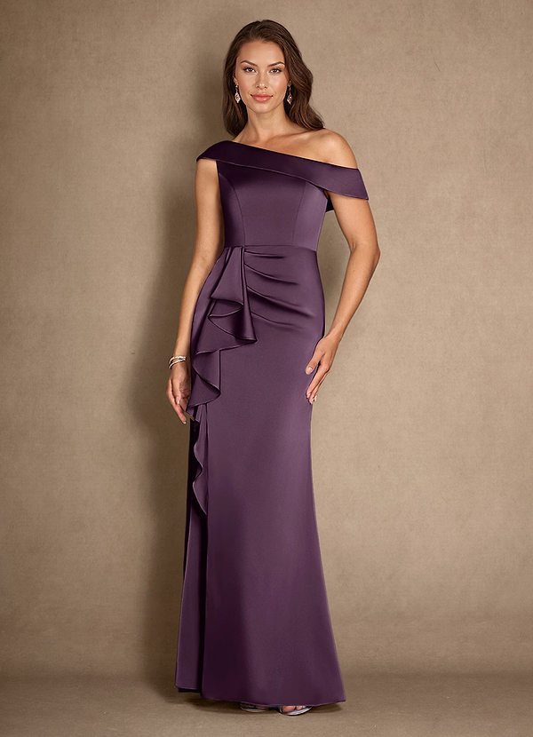 Azazie Hamptons Mother of the Brides Dresses Plum A-Line Pleated Stretch Satin Dress image1