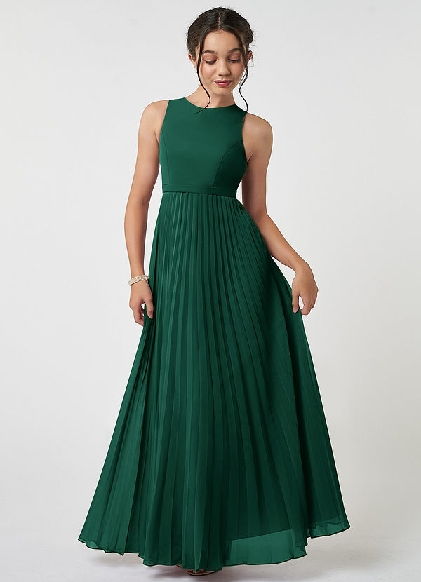 Azazie Lindie Junior Emerald A-Line Pleated Chiffon Dress image1