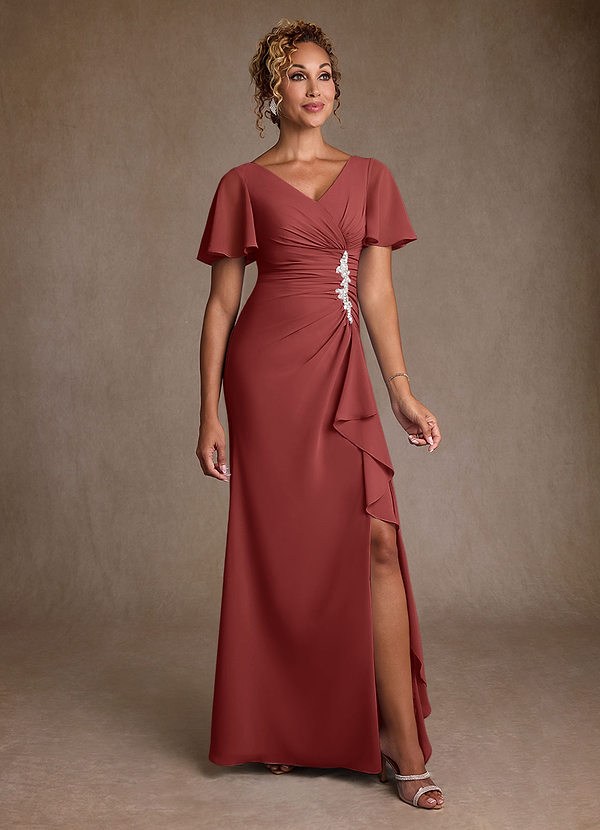 Azazie Suffolk Robes de mère de la mariée Robe Trapèze en Mousseline de soie Plissé Terracotta image1