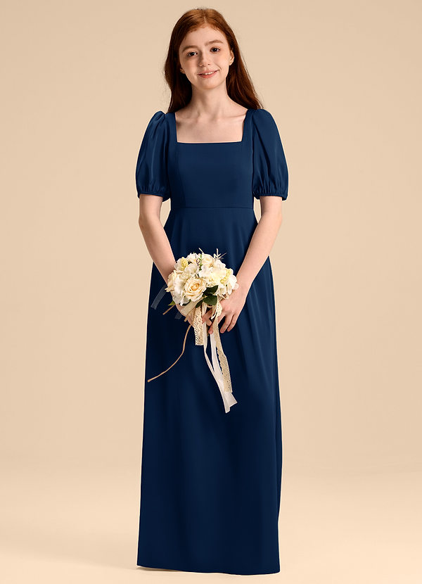 Azazie Briar Junior Robe Trapèze en Satin extensible Arc Bleu Marine Foncé image1