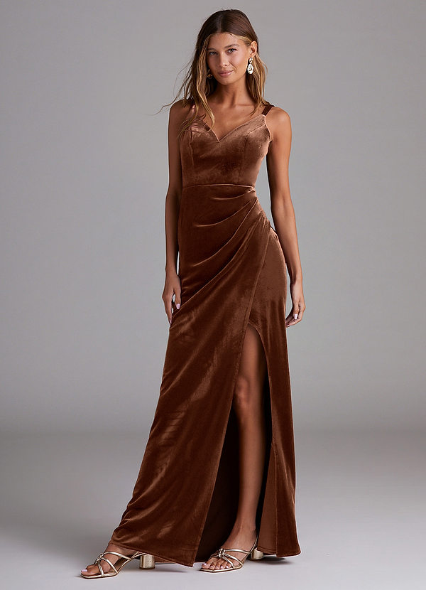 Azazie Leo Vestidos Dama de Honor Vestido de Ocre Oscuro de terciopelo de Corte Recto con Plisado image1