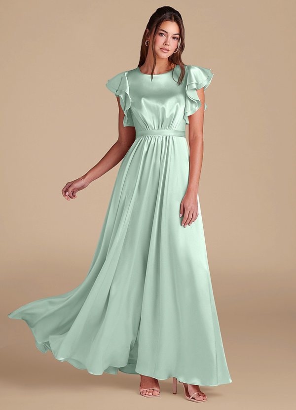Azazie Daphne Modest Bridesmaid Dresses A-Line Ruched Metallic Satin Floor-Length Dress image1