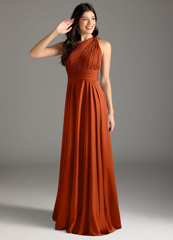 Azazie Charlize Bridesmaid Dresses Paprika A-Line One Shoulder Stretch Satin Dress image1