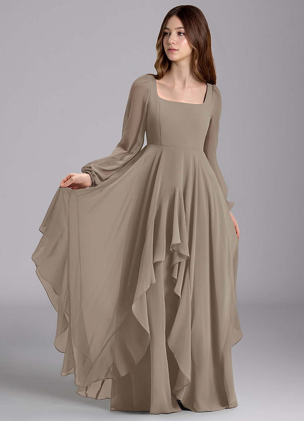 Azazie Clara Junior Robe Trapèze en Mousseline de soie Blouson Taupe image1