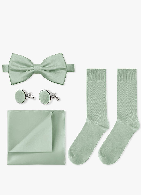 front Passendes Set aus Fliege, Einstecktuch, Manschettenknöpfen und Socken