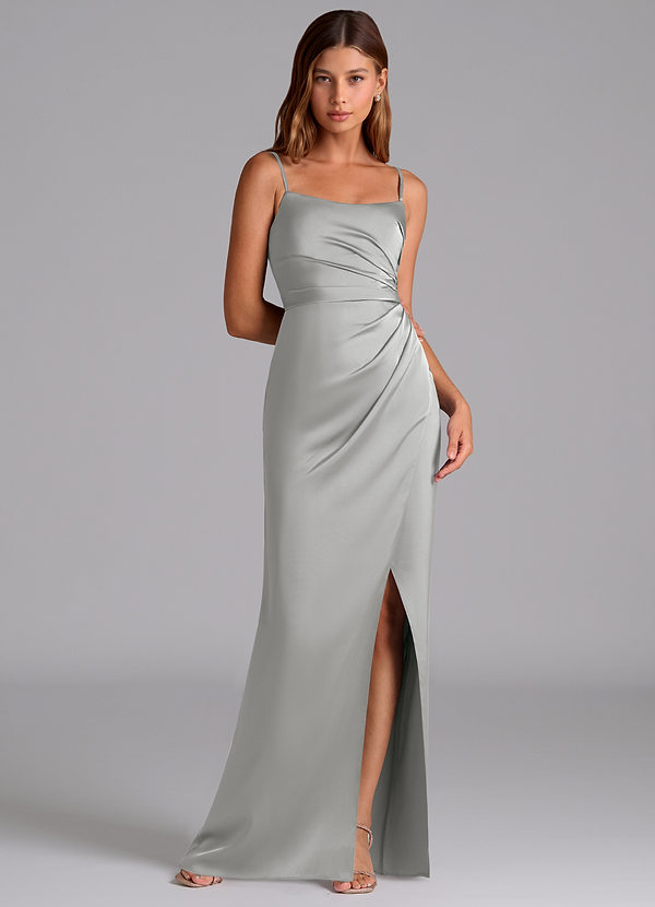 Azazie Calandra Bruidsmeisjes Jurken Jurk van Stretch Satijn met A-Lijn Geplooid Zilver image1