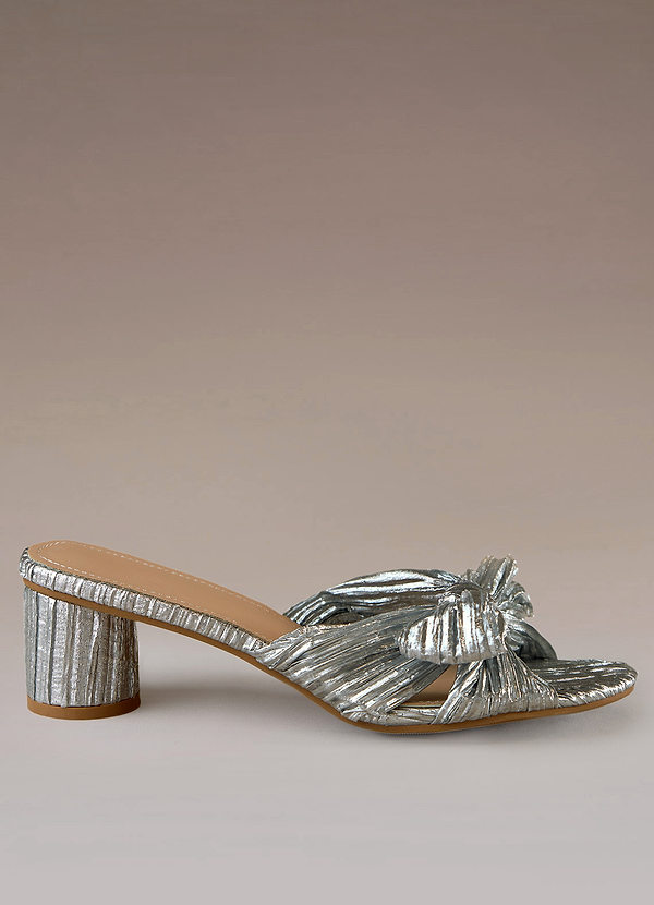 front Pleated Metallic Bow Silver Backless Sandals