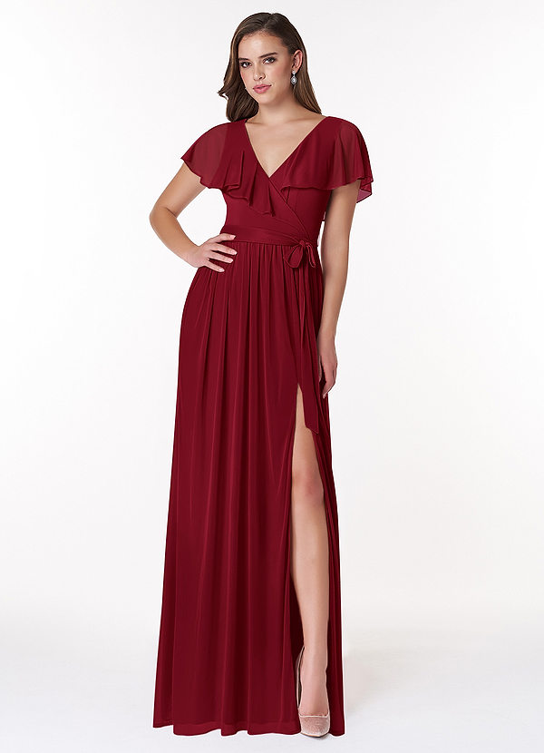 Azazie Jael Bridesmaid Dresses Burgundy A-Line V-Neck Mesh Dress image1