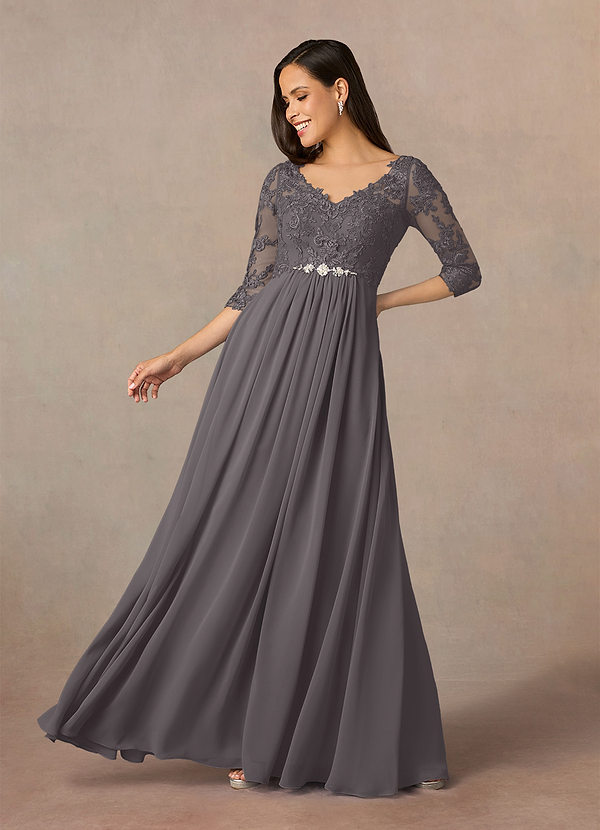 Azazie Hayek Mother of the Brides Dresses Steel Grey A-Line V-Neck Lace Chiffon Dress image1