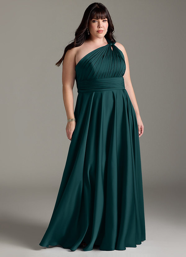 Azazie Charlize Robes Demoiselle d'honneur Robe Trapèze en Satin extensible Une épaule Vert Pin image1