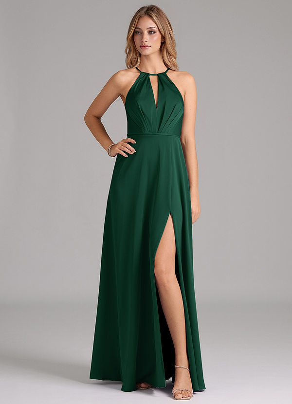 Azazie Evalleen Bridesmaid Dresses Dark Green A-Line Pleated Stretch Satin Dress image1