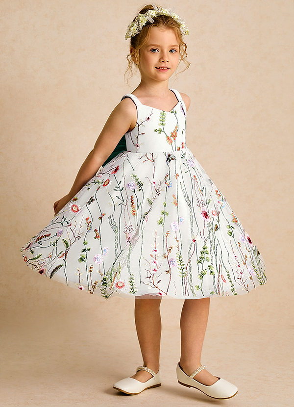 Azazie Peppa Abiti da Ragazza di Fiori Abito A-Line in Tulle Scollo a Cuore Avorio Smeraldo image1