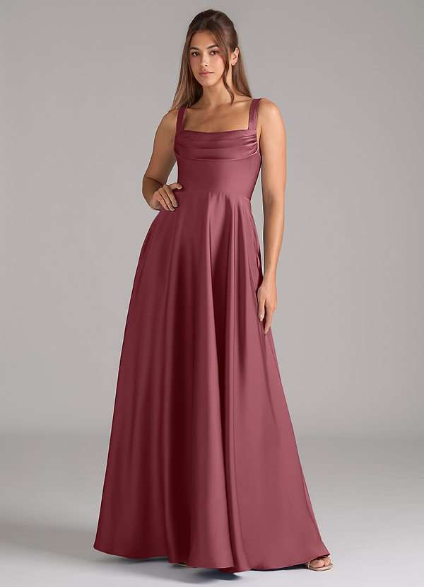 Azazie Shaude Bridesmaid Dresses Desert Rose A-Line Pleated Stretch Satin Dress image1