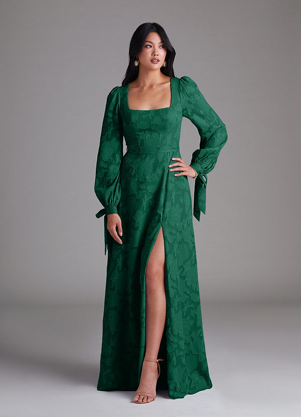 Azazie Leonia Bridesmaid Dresses Emerald A-Line Long Sleeve Floral Burnout Dress image1
