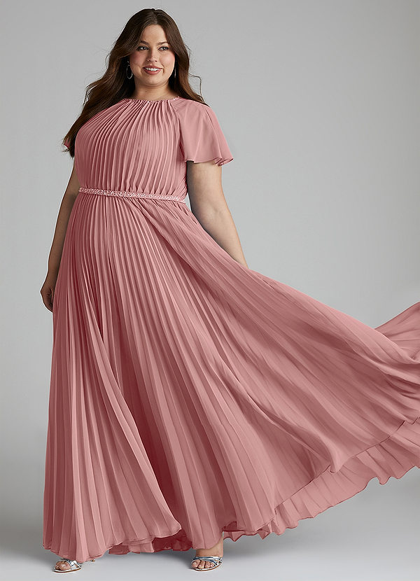 Azazie Kara Modest Bridesmaid Dresses A-Line Pleated Chiffon Floor-Length Dress image1