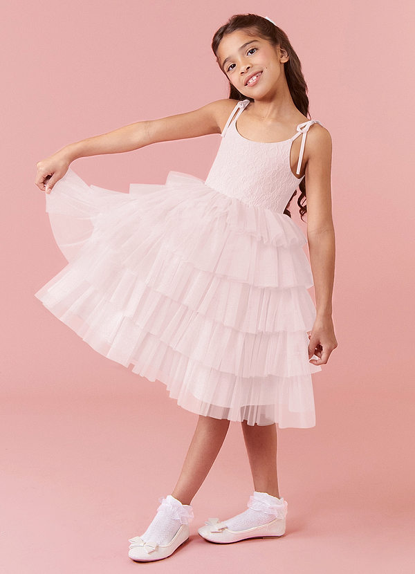 Barbie ♥ Azazie Flower Girl Dresses Scoop Bow Strap Lace Tulle Tier A-Line Dress image1