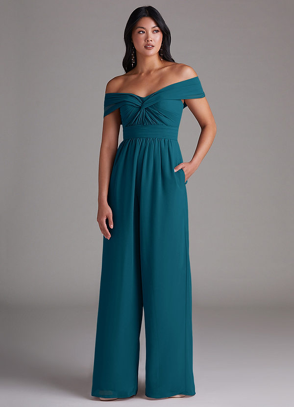 Azazie Lamara Robes Demoiselle d'honneur Combinaison Convertible en Mousseline de soie Épaule décolletée Bleu Encre image1