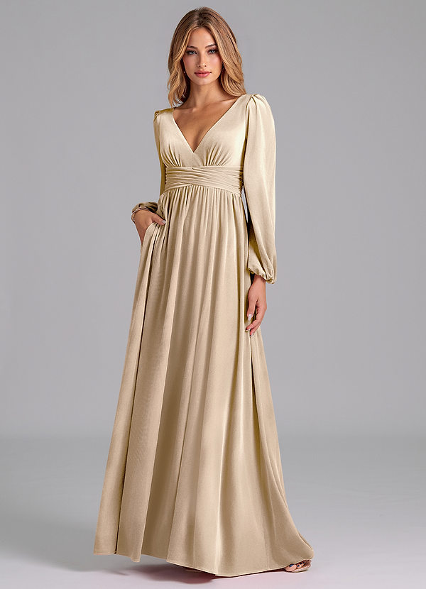 Azazie Norah Bridesmaid Dresses Champagne A-Line Long Sleeve Velvet Dress image1
