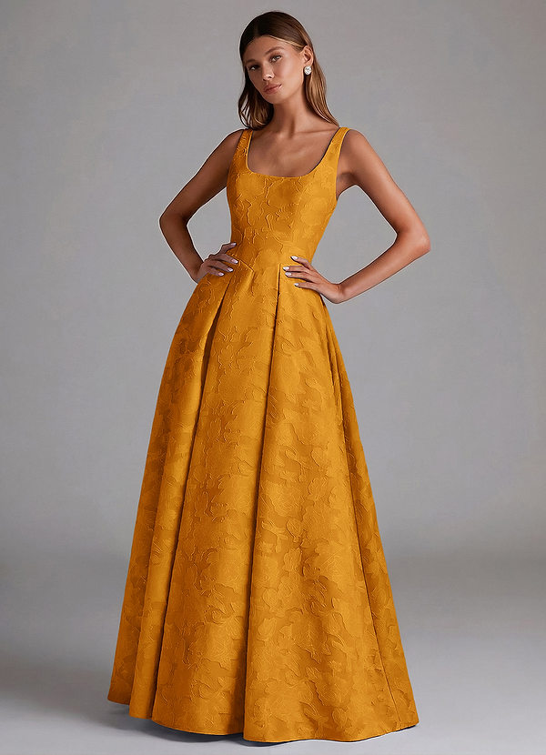 Azazie Amalie Robes Demoiselle d'honneur Robe Trapèze en Blumen-Burnout Plissée Caramel écossais image1