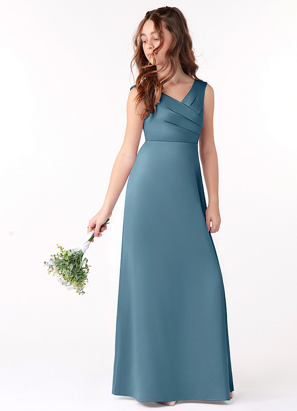 Azazie Sadia Junior Bermuda A-Line Pleated Stretch Satin Dress image1