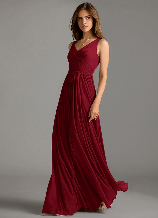 Azazie Keyla Bridesmaid Dresses Burgundy A-Line Pleated Mesh Dress image1
