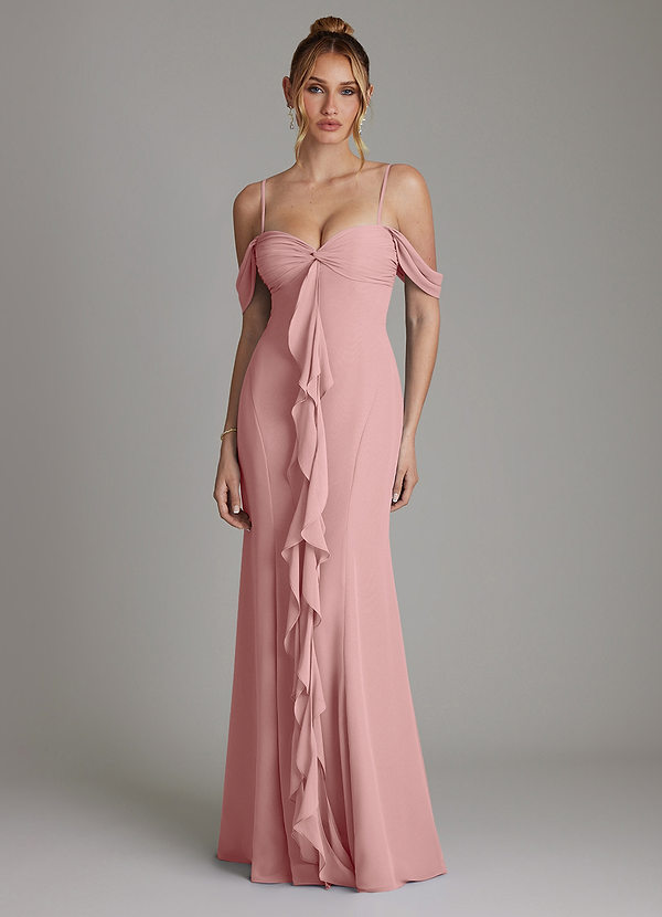 Azazie Karmela Bridesmaid Dresses Dusty Rose A-Line Off the Shoulder Chiffon Dress image1