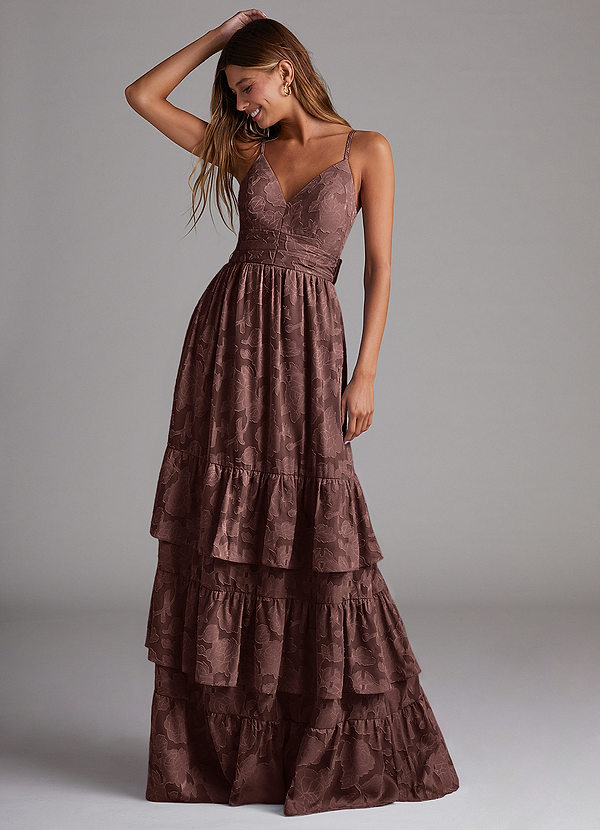 Azazie Nathalia Bridesmaid Dresses Espresso A-Line Bow Floral Burnout Dress image1
