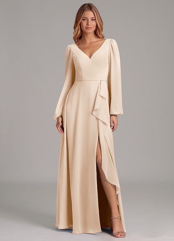 Azazie Simone Bruidsmeisjes Jurken Jurk van Chiffon met A-Lijn Lange mouw Wit Albast image1